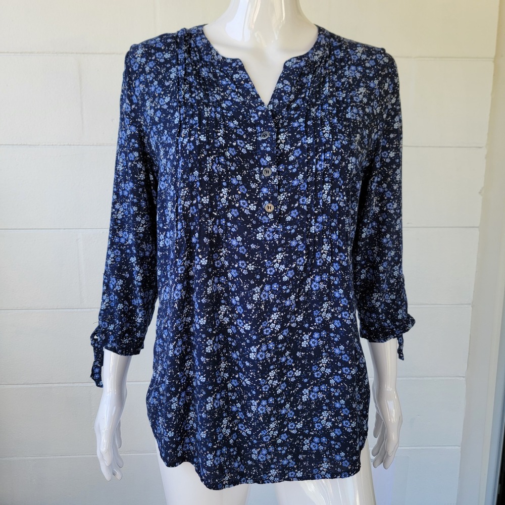 Westport Floral Henley Blouse Blue Women's M Cottagecore Boho 3/4 Tie Sleeve